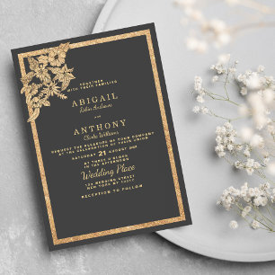 Elegant mörk grått guld glitter blommigt Bröllop Inbjudningar