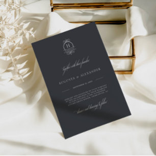 Elegant Mörk Grått Monogram Classy Modern Bröllop Inbjudningar