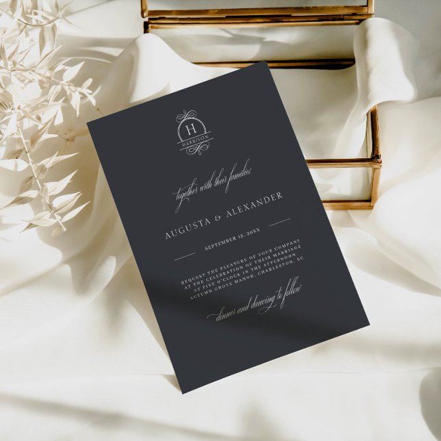 Elegant Mörk Grått Monogram Classy Modern Bröllop Inbjudningar (Skapare uppladdad)