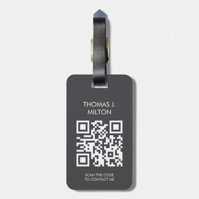 Elegant Mörk Grått Vit fet monogram QR- kod Bagagebricka (Baksidan Lodrät)