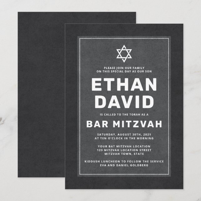 Elegant mörk grått White Star of David pub mitzvah Inbjudningar (Fram/baksida)