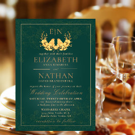 Elegant Mörk grönt Golden Birds Monogrammed Inbjudningar