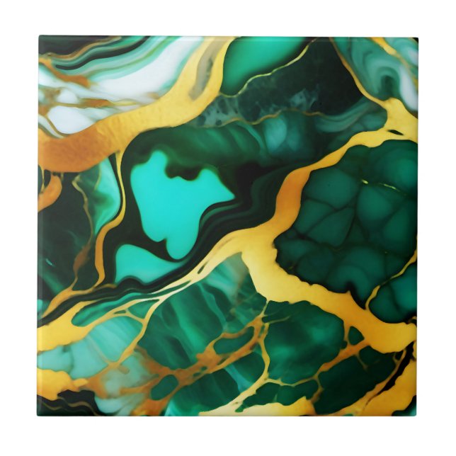 Elegant mörk grönt golden gult Faux Marble Kakelplatta (Framsidan)