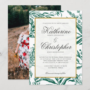 Elegant Mörk grönt Guld botaniska foto Bröllop Inbjudningar