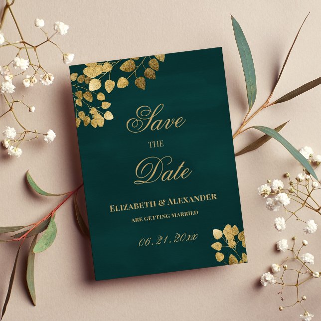 Elegant mörk grönt guld eukalyptus Spara datum Inbjudningar (Elegant dark green gold eucalyptus Save the Date )