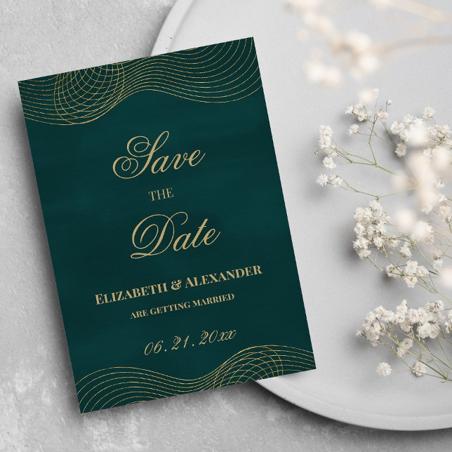 Elegant mörk grönt guld-geometri Spara datum Inbjudningar (Elegant dark green gold geometric Save the Date )