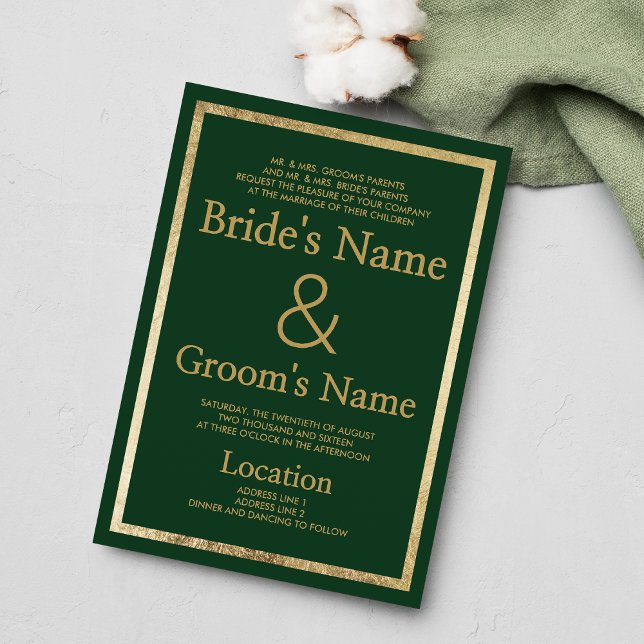 Elegant mörk grönt guld lyxen Bröllop Inbjudningar (Elegant dark green gold luxury Wedding )