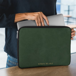 Elegant Mörk grönt läder och Guld-typografi namn Laptop Fodral