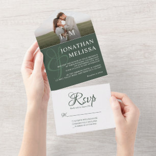 Elegant Mörk grönt överlägg Foto Monogram Bröllop