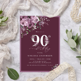 Elegant Mörk Lila Blommigt 90:e födelsedag Inbjudningar