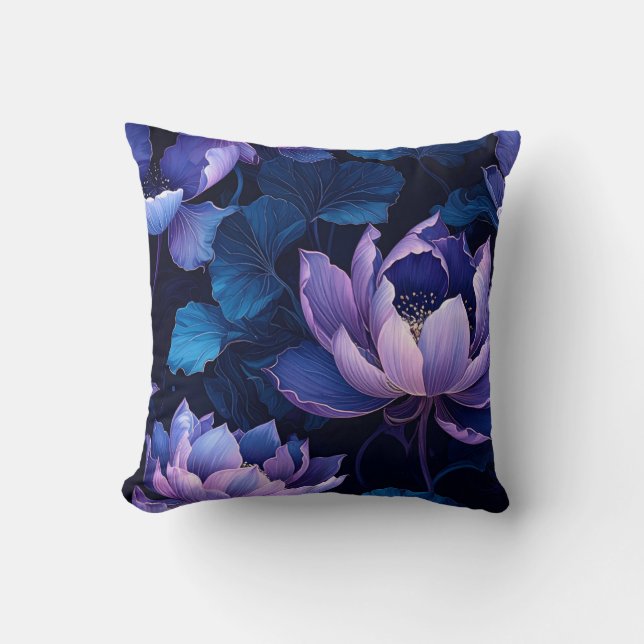 Elegant Mörk Lila Blue Lotus Pillow Kudde (Framsida)