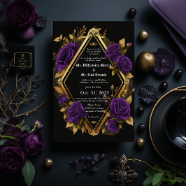 Elegant Mörk Lila & Guld Gotisk Bröllop Inbjudningar