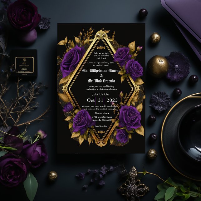 Elegant Mörk Lila & Guld Gotisk Bröllop Inbjudningar (Elegant Gothic Purple and Gold Wedding Invitation)