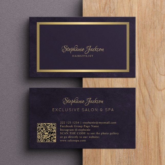 Elegant mörk lila och guld QR-kodlyx Visitkort (Skapare uppladdad)