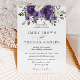 Elegant Mörk Lila White Blommigt Greenery Bröllop Inbjudningar