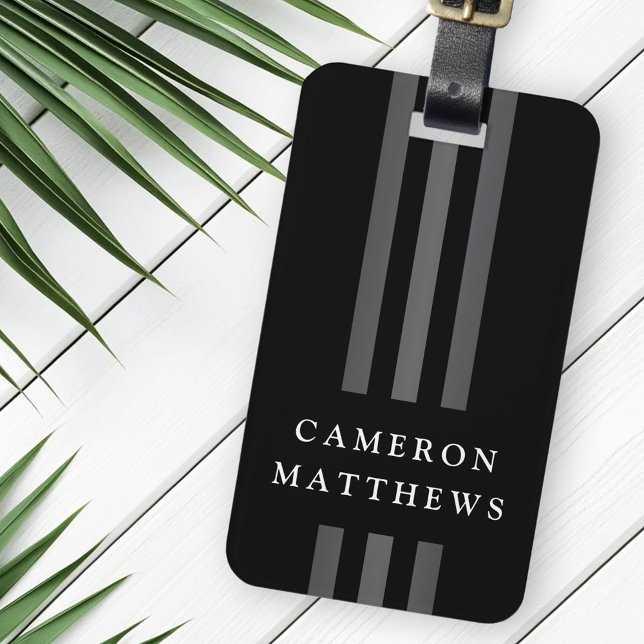 Elegant mörk linjer modern monogramsvart svartvit bagagebricka (Elegant dark lines modern monogrammed black luggage tag)