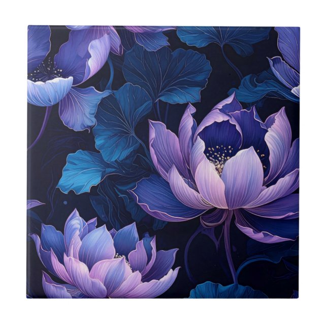 Elegant Mörk Lotus Blommönster Tile Kakelplatta (Framsidan)