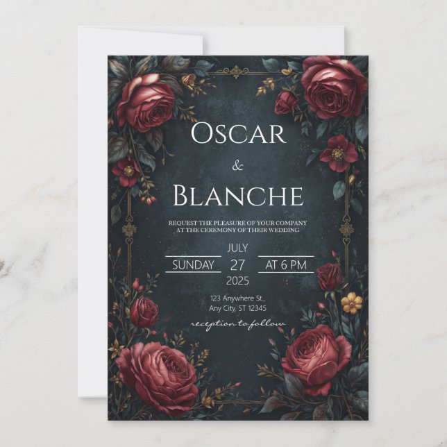 Elegant Mörk Marin Burgunder Blommig Guld Bröllop Inbjudningar (Framsida)