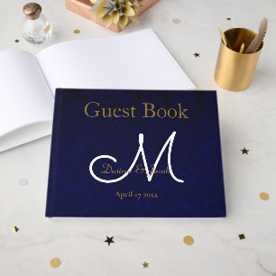 Elegant mörk marinblå guld vit monogram floral gästböcker