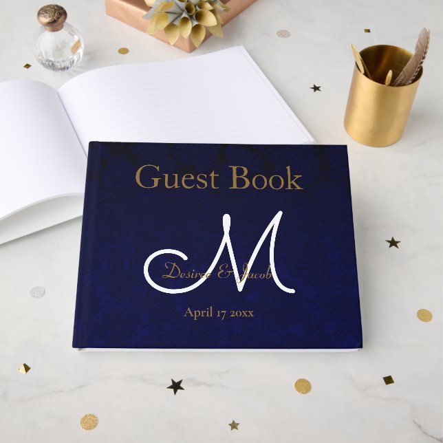 Elegant mörk marinblå guld vit monogram floral gästböcker (Framsida Öppen)