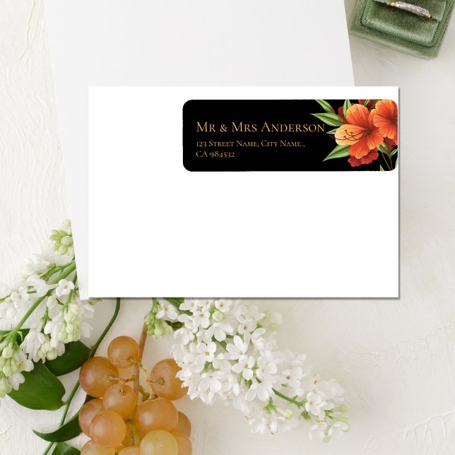 Elegant Mörk Moody Orangen Blommigt Bröllop Adress Returadress Etikett (Elegant Dark Moody Orange Floral Wedding Address Label)