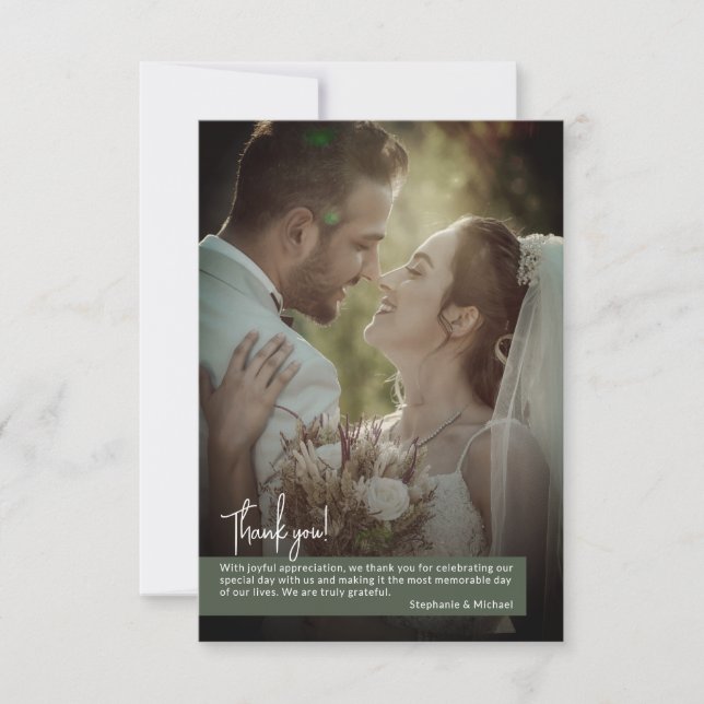 Elegant mörk mossgrön fotobanner bröllop tack kort (Framsida)