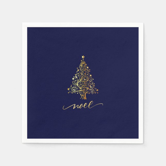 Elegant Mörk Navy Blue & Guld Julgran Noel Pappersservett (Framsidan)