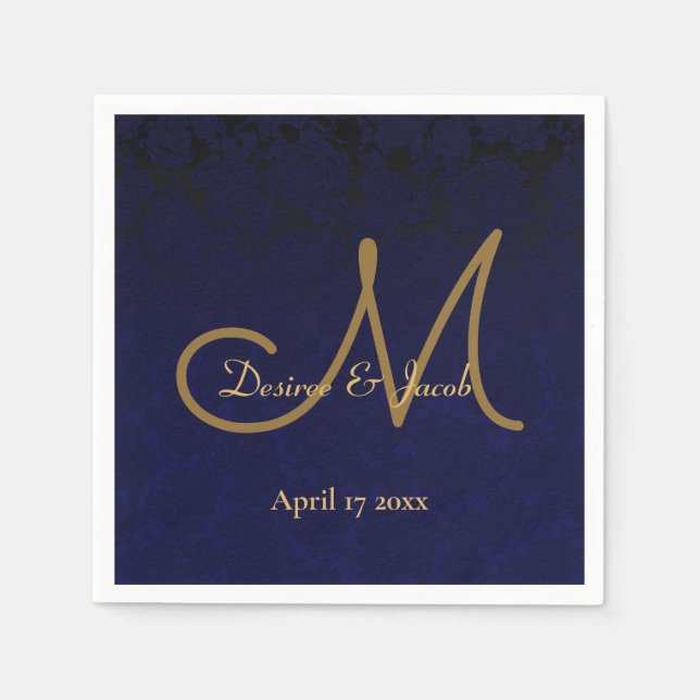 Elegant Mörk Navy Blue Guld Monogram Blommigt Pappersservett (Framsidan)