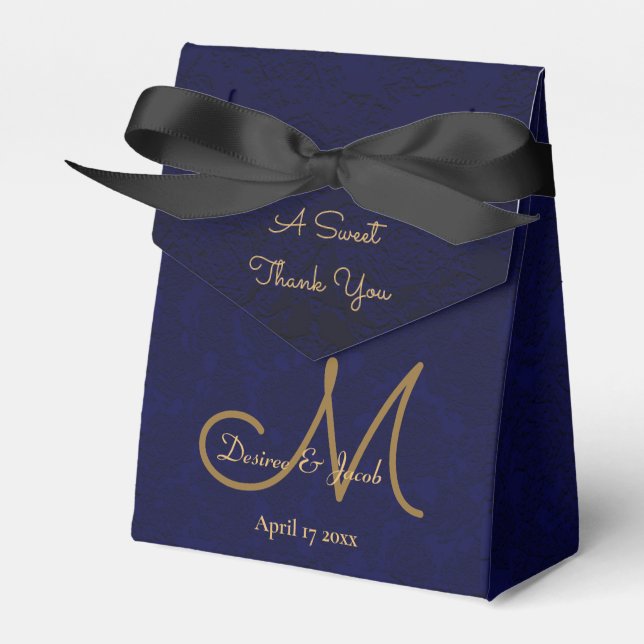 Elegant Mörk Navy Blue Guld Monogram Blommigt Presentaskar (Framsidan Sidan)