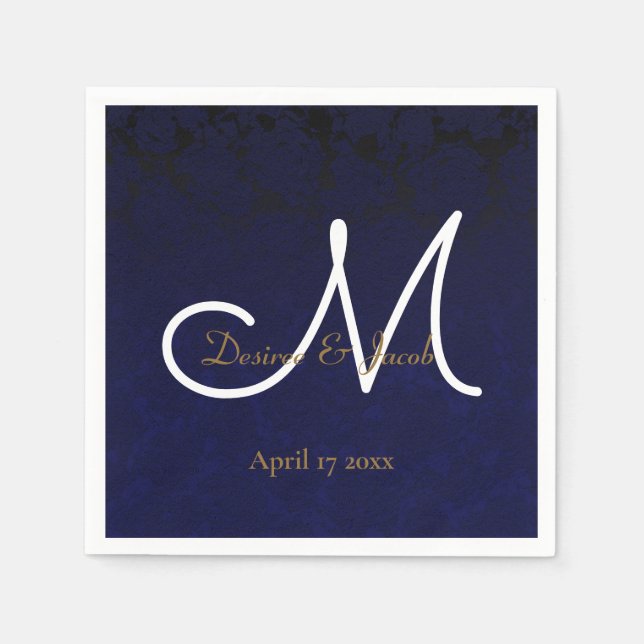Elegant Mörk Navy Blue Guld White Monogram Blommig Pappersservett (Framsidan)