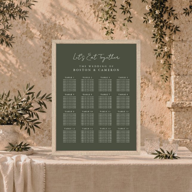 Elegant mörk olivgrön bröllopsställningskarta poster (Elegant Dark Olive Green Wedding Seating Chart poster sign in rustic wood frame on table script )