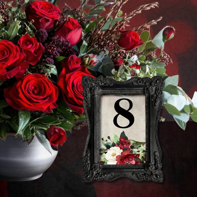 Elegant Mörk Red Blommigt Grunge Grått Goth Bröllo Bordsnummer (Skapare uppladdad)