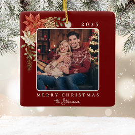 Elegant Mörk Red God jul Poinsettia Photo Julgransprydnad Keramik