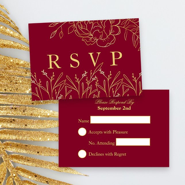 Elegant Mörk Red med Guld Sketched Flowers OSA Kort (Red and Gold Quinceanera RSVP, from my Gold Sketched Floral collection)