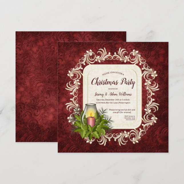 Elegant Mörk Red med ljus jul Party Inbjudningar (Fram/baksida)