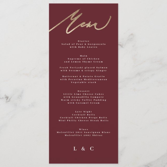 Elegant Mörk Red Plum Burgundy Calligraphy Bröllop Meny (Framsida)