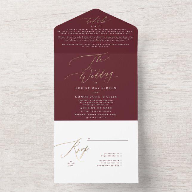 Elegant Mörk Red Plum Burgundy Guld Bröllop (Insida)