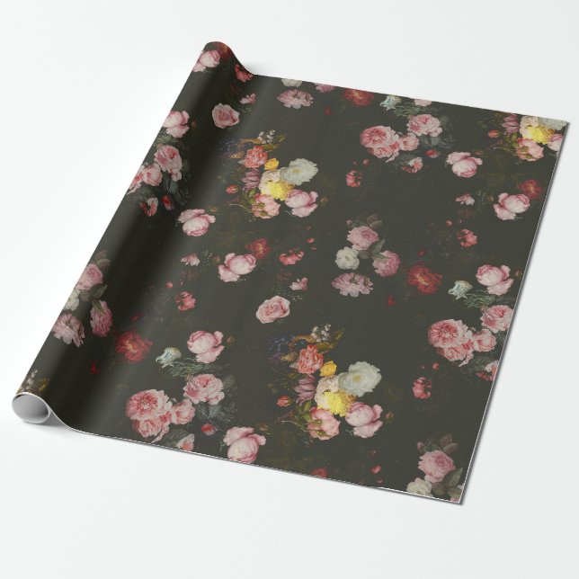Elegant Mörk Rik Dutch Blommigt Rosa ros Presentpapper (Utrullad)