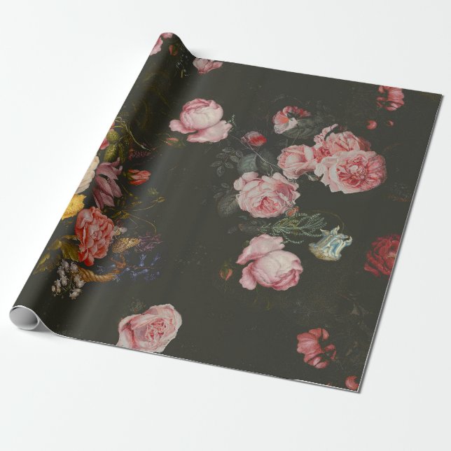 Elegant Mörk Rik Dutch Blommigt Rosa ros Presentpapper (Utrullad)