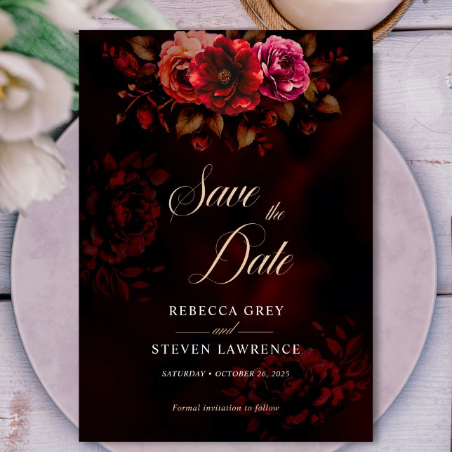 Elegant mörk röd svart blomma Bröllop Spara Datumet (Skapare uppladdad)