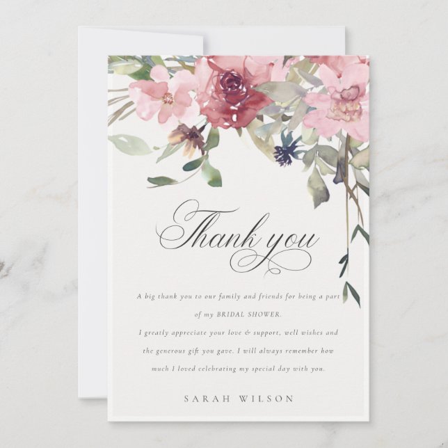 Elegant Mörk Rosa Ros Blommig Bröllopsfest Tack Kort (Framsida)