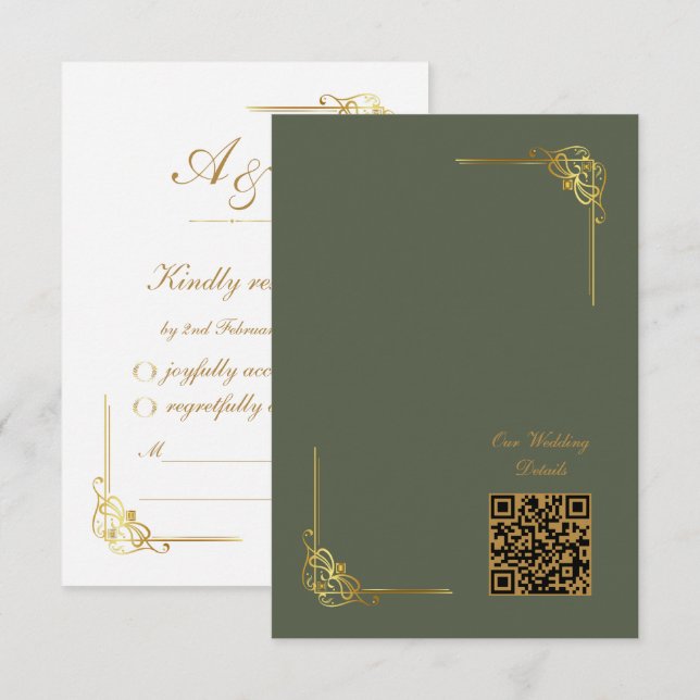 Elegant Mörk Salvia Guld Bröllopshändelse QR-kod OSA Kort (Fram/baksida)