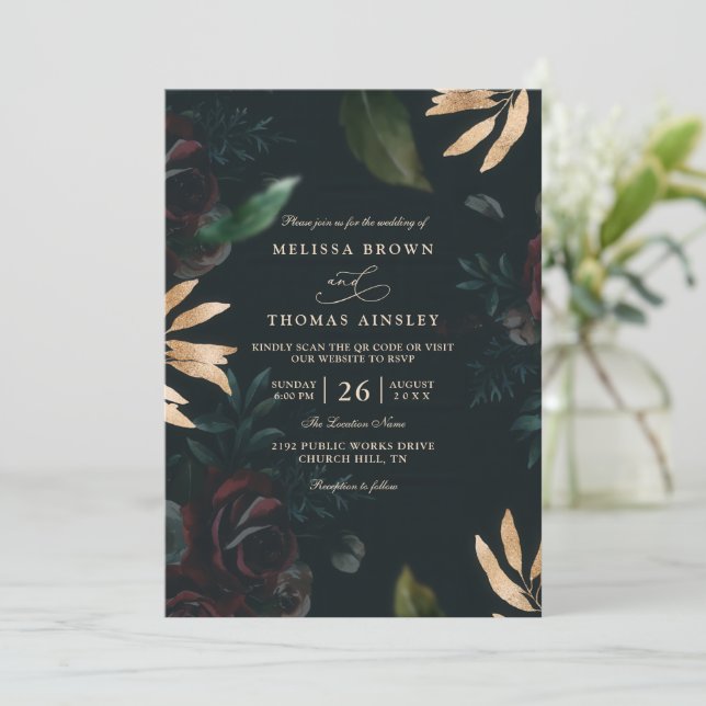 Elegant mörk sammets burgunderros QR-kod bröllop Inbjudningar (Stående Fram)
