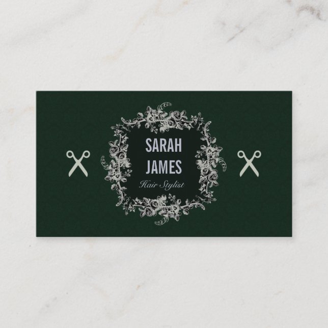 elegant mörk sax för sax för smaragdhårstylist visitkort (Framsida)