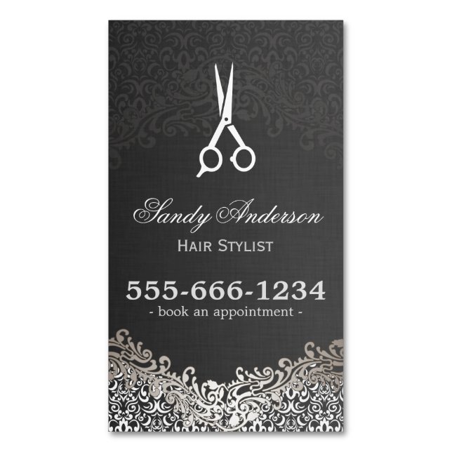 Elegant Mörk Silver Damask Hair Salon Möte Visitkortmagnet (Framsida vertikal)