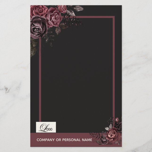 Elegant Mörk Svart Romantisk Ros Blommig Design Brevpapper (Framsida)
