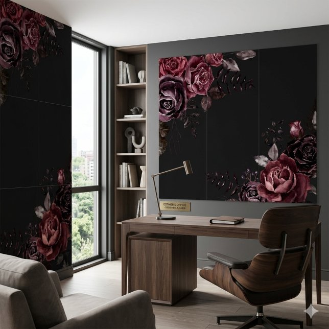 Elegant Mörk Svart Romantisk Ros Blommig Design Kakelplatta (Skapare uppladdad)