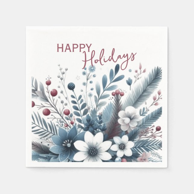 Elegant mörk teal blå röd blomster julkrans pappersservett (Framsidan)