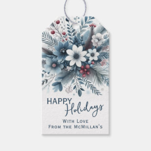 Elegant mörk teal blå röd blomsterkrans presentetikett