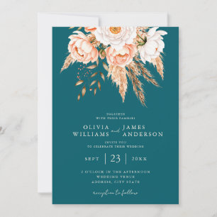 Elegant Mörk Teal Boho Chic Fall Blommigt Bröllop Inbjudningar